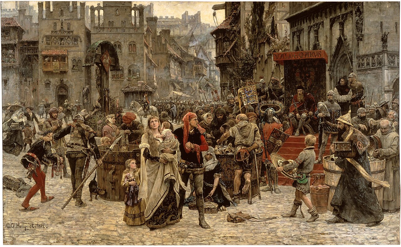 Hänen isänsä Valdemar IV "Atterdag" kiristämässä Visbyltä lunnaat 1361 — armoton vallanpitäjä, jonka pelissä hän aloitti pelkkänä nappulana (Carl Gustaf Hellqvistin maalaus, 1882).