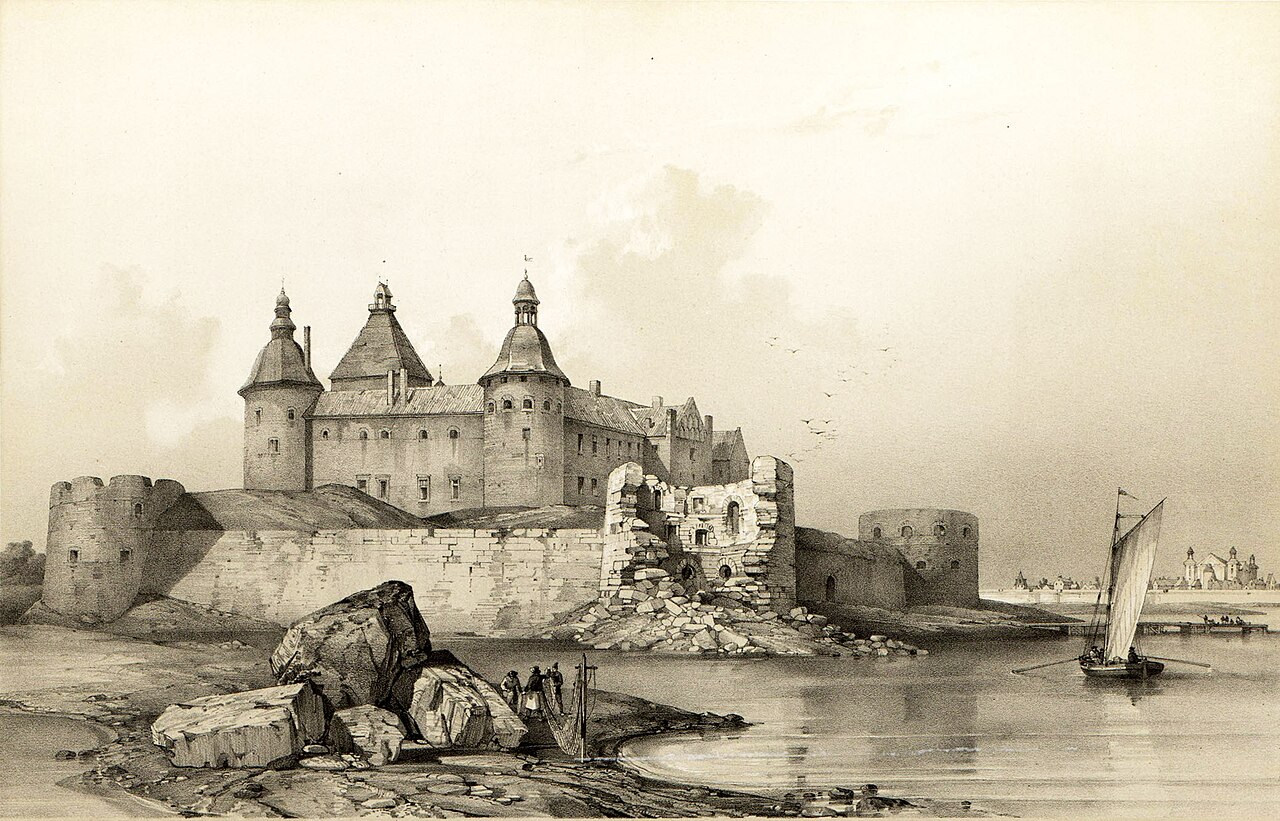 Kalmarin linna romanttisessa litografiassa noin vuodelta 1840 (Auguste Mayer) — synkkä saarilinnoitus sellaisena kuin 1800-luku sen kuvasi.