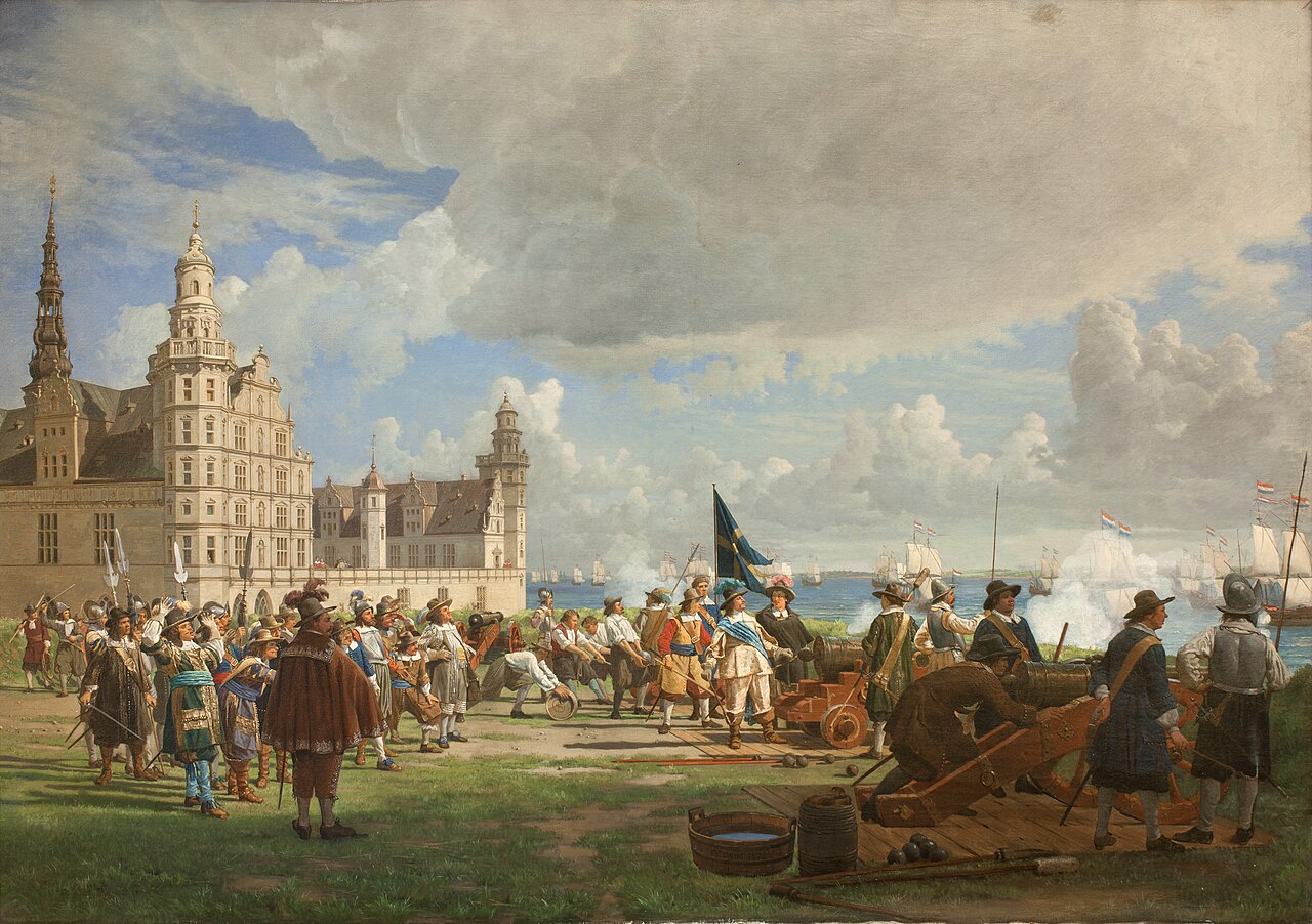Juutinrauma Kronborgin edustalla sodassa Ruotsia vastaan, 1658 — vuonna, jona ruotsalaisarmeija valtasi linnan (F. C. Lundin historiamaalaus, 1872).