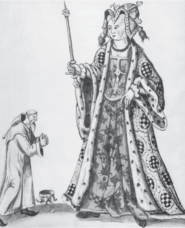 Kuningas Albrekt anoo Margareetalta armoa vangitsemisensa jälkeen (piirros, 1589). Taistelu Bo Jonssonin tiloista päättyi vangittuun kuninkaaseen ja kuningattareen, joka oli nousemassa kolmen valtakunnan hallitsijaksi.