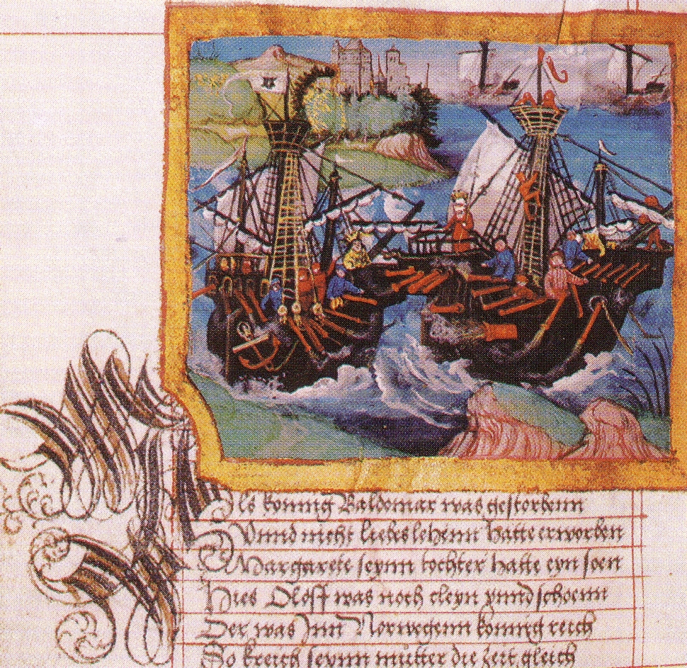 Sota Margareetan ja Albrekt Mecklenburgilaisen välillä, kuvattuna noin vuoden 1521 mecklenburgilaisessa säekronikassa — alla oleva saksankielinen teksti kertoo Valdemarin kuolemasta ja hänen tyttärensä pojan noususta.