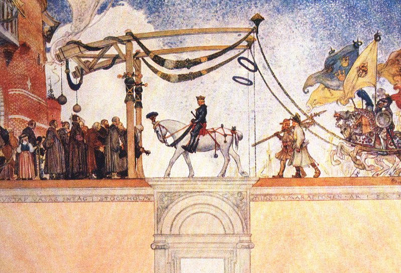 Kustaa Vaasan saapuminen Tukholmaan juhannuksena 1523 — kuten Carl Larsson sen maalasi Nationalmuseumille lähes neljä vuosisataa myöhemmin. Ajetusta kapinallisesta valituksi kuninkaaksi kolmessa vuodessa.