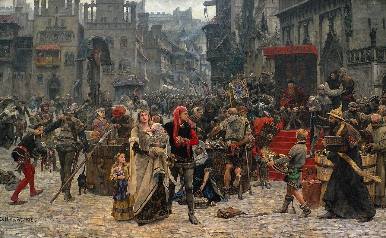Valdemar Atterdag kiristämässä Visbyltä lunnaita 1361 — Carl Gustaf Hellqvistin suurikokoinen maalaus vuodelta 1882, kuva, joka kiinnitti tarinan Pohjolan mielikuvitukseen. Se, mitä se esittää — kolme suurta tynnyriä täytettynä hopealla torilla — on myöhempää tarua, ei tositapahtuma; Valdemar otti lunnaat, mutta kaupunki säästettiin, ei ryöstetty (Carl Gustaf Hellqvist, 1882, Nationalmuseum; public domain).