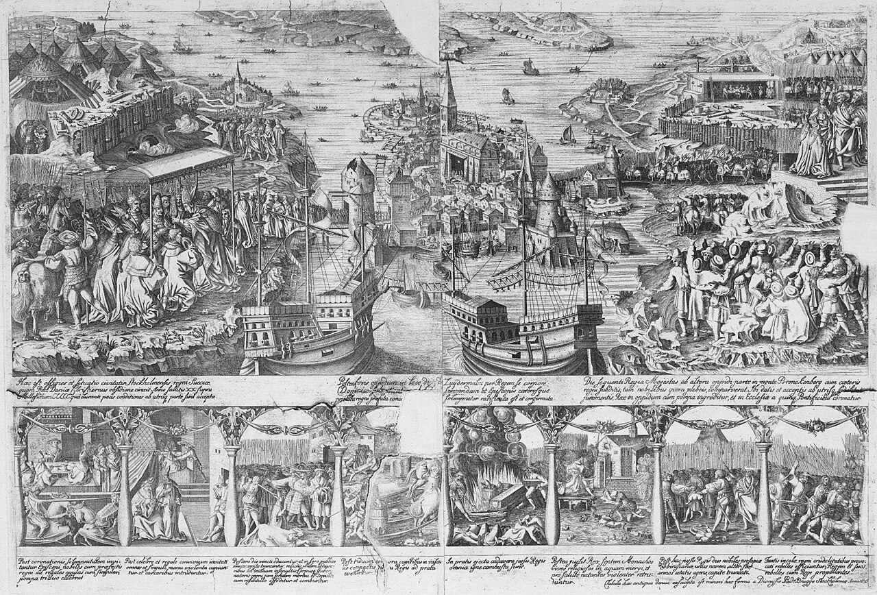 Tukholman verilöyly marraskuussa 1520, suuressa 'verilöylytaulussa' — jonka Kustaa itse teetätti 1524, ensimmäinen veto elinikäisessä taidossa hallita omaa tarinaansa. Hänen isänsä oli mestattujen joukossa.