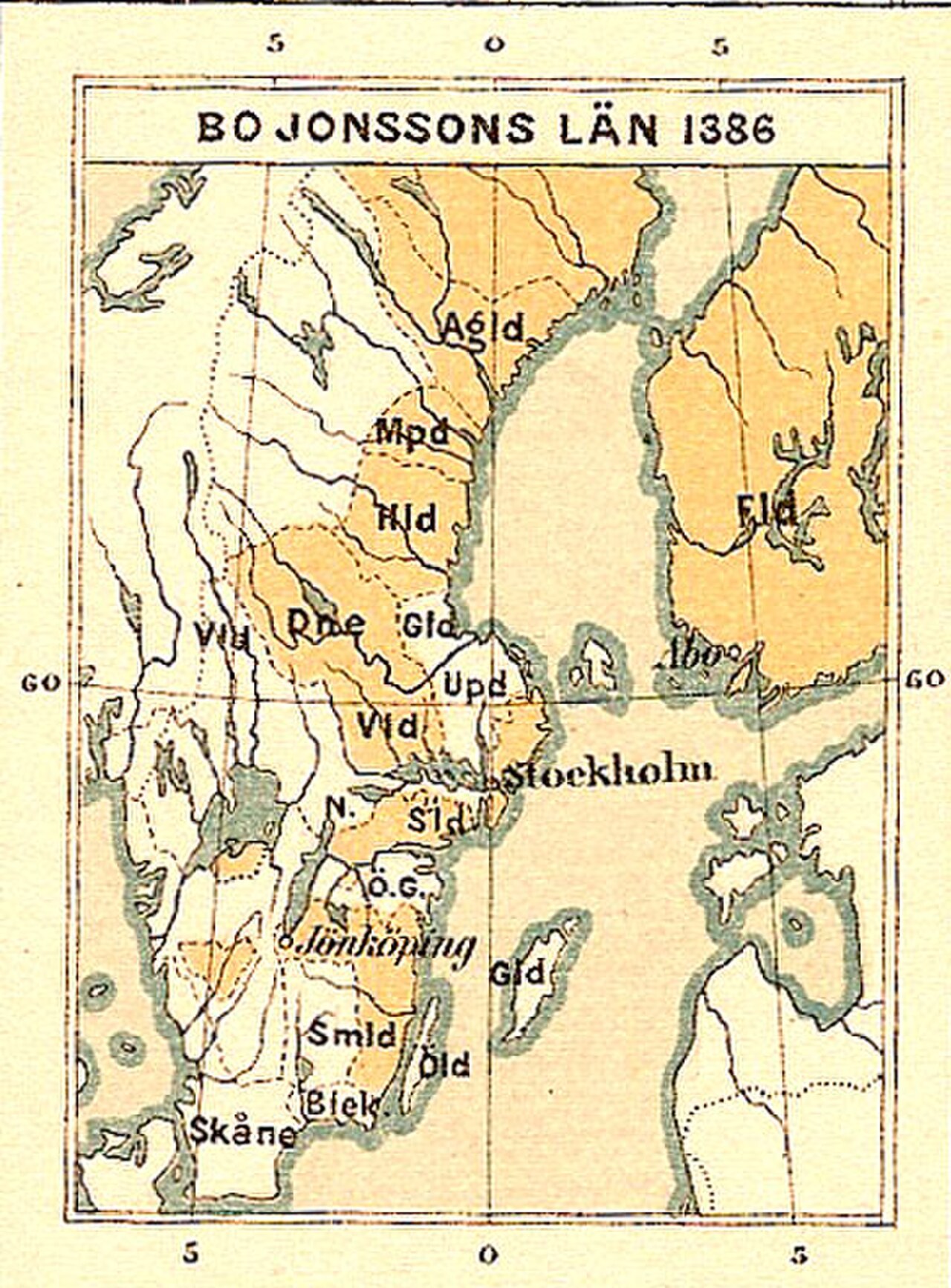 Bo Jonssonin läänitykset 1386, kartoitettuna 1880: noin kolmasosa Ruotsista varjostettuna, ja koko Suomi — enemmän kuin kuninkaan omat.