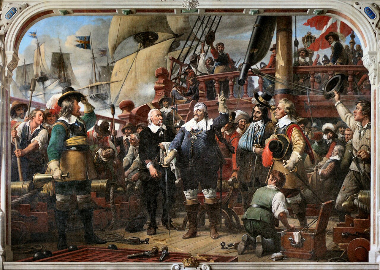 Christian IV haavoittuneena Trefoldighedenin kannella, Kolberger Heide 1644 (Wilhelm Marstrandin maalaus) — kuva, josta tuli kansallinen.