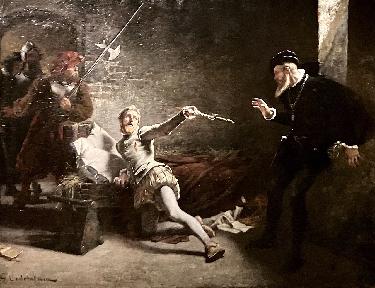 Nils Sturen murha, kuten Gustaf Cederström sen maalasi 1880. Eerik antoi ensimmäisen iskun itse; hänen henkivartijansa tekivät loput.