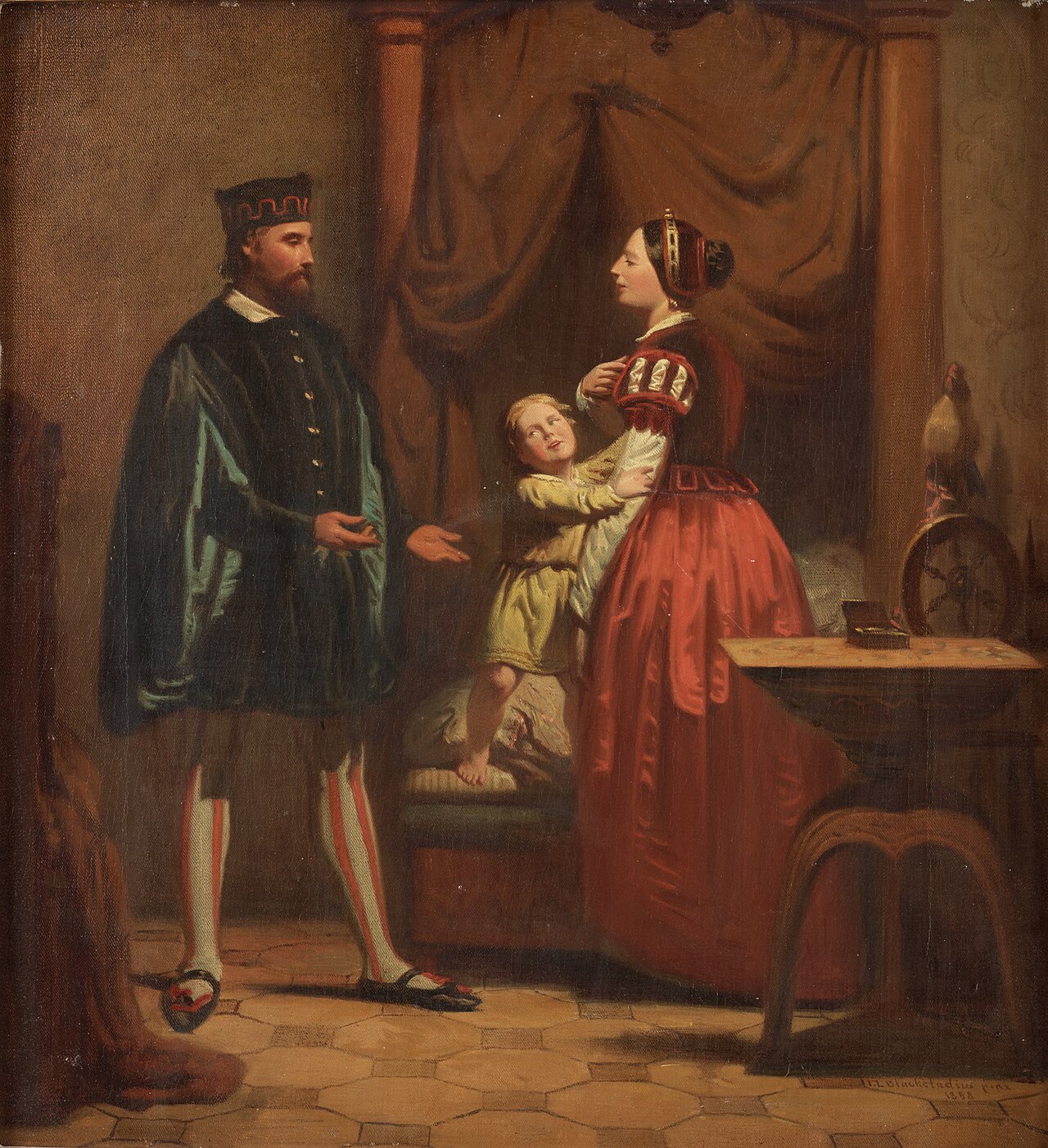 Kaarina Maununtytär puolisonsa Eerik XIV:n ja heidän poikansa kanssa. Johan Blackstadiuksen maalaus vuodelta 1858.
