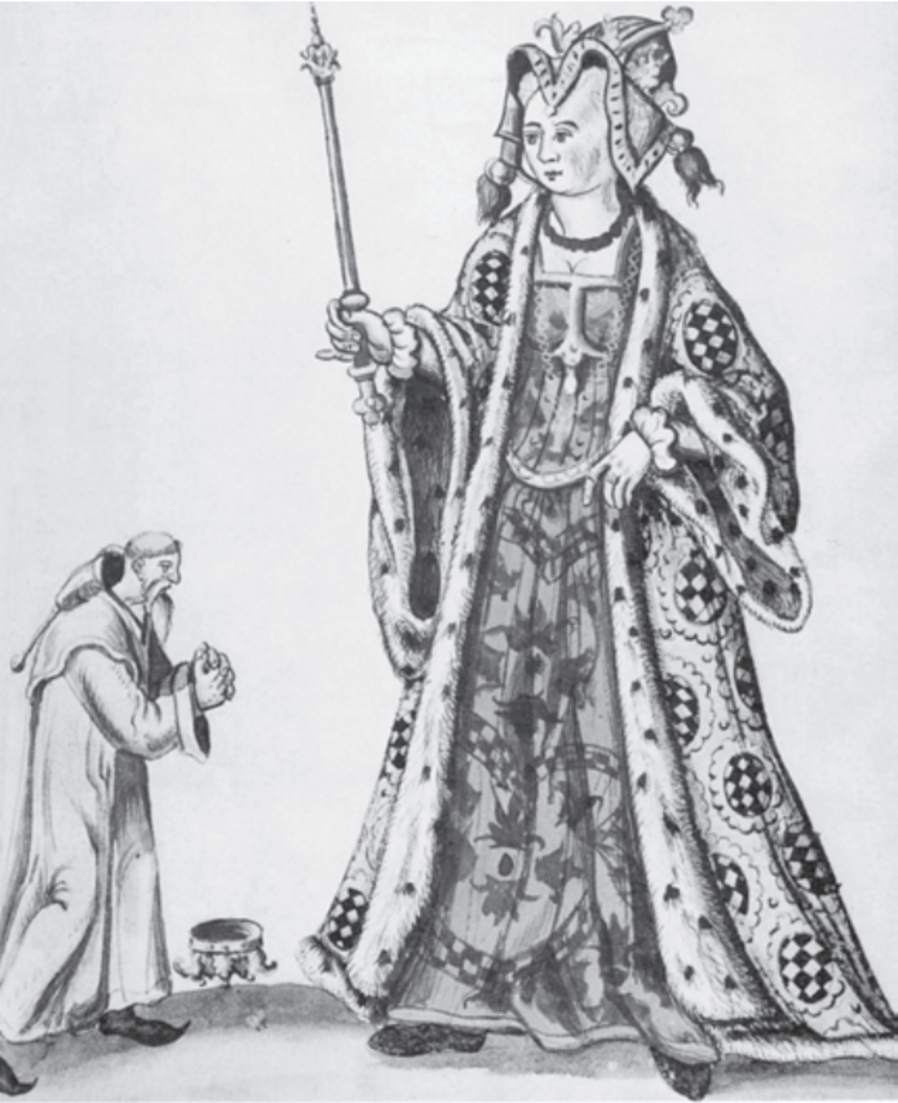 Kuningas Albrekt anoo Margareetalta armoa vangitsemisensa jälkeen (piirros, 1589). Taistelu Bo Jonssonin tiloista päättyi vangittuun kuninkaaseen ja kuningattareen, joka oli nousemassa kolmen valtakunnan hallitsijaksi.