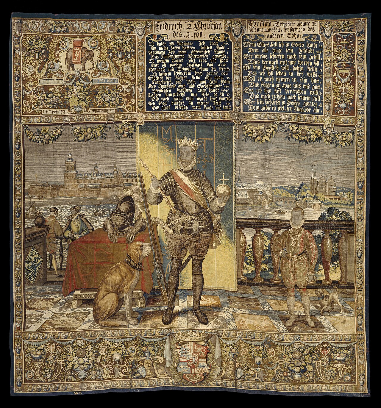 Yksi Kronborgin seinävaatteista — Frederik II:n kudottu tanskalaiskuninkaiden rivi, Hans Knieperin verstaasta, 1580-luku.