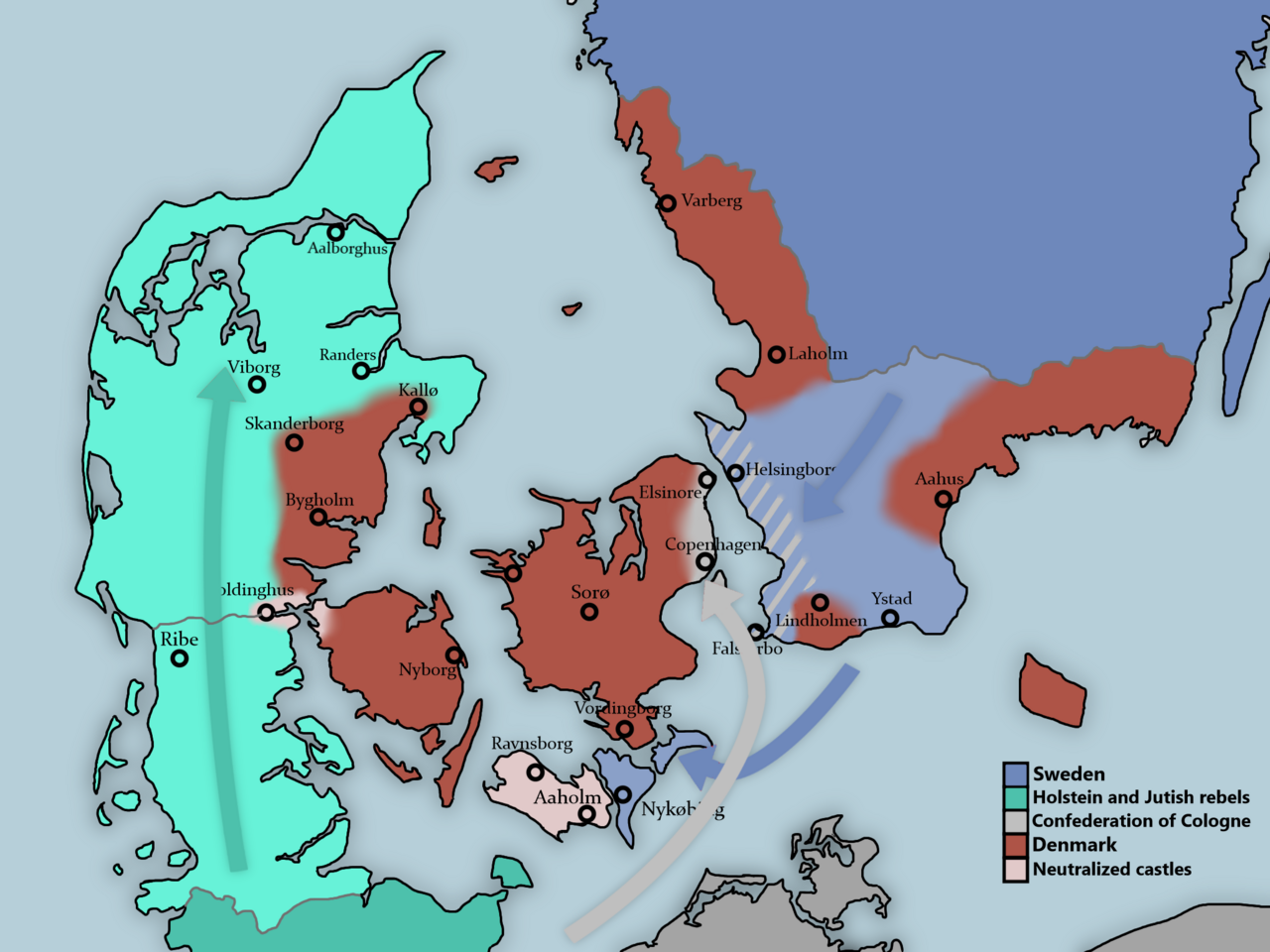 Tanska ja Itämeri 1370, sen sodan päättyessä, jonka Visbyn valtaus oli sytyttänyt — sota, joka päättyi Stralsundin rauhaan (kartta: Tinkær1991, CC BY-SA 4.0).