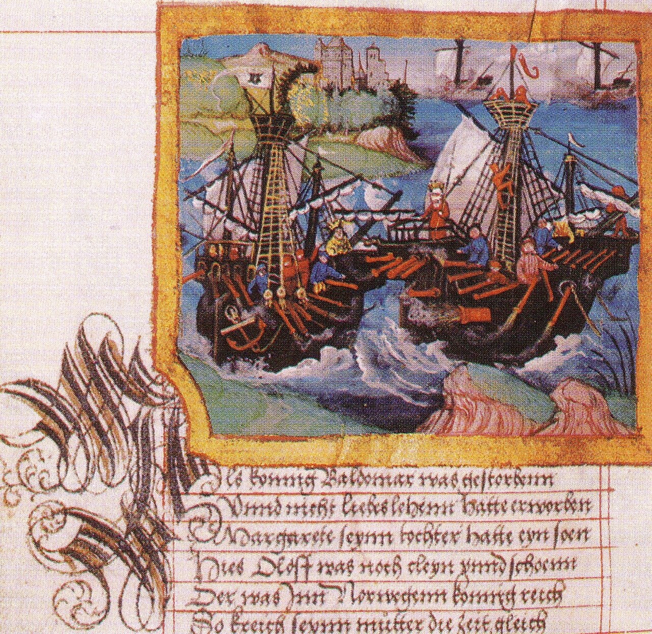 Sota Margareetan ja Albrekt Mecklenburgilaisen välillä, kuvattuna noin vuoden 1521 mecklenburgilaisessa säekronikassa — alla oleva saksankielinen teksti kertoo Valdemarin kuolemasta ja hänen tyttärensä pojan noususta.