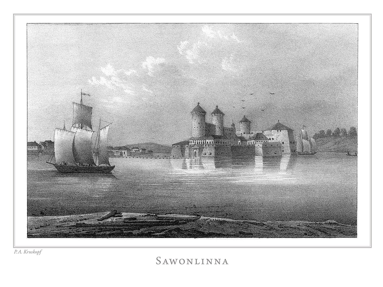 Savonlinna and its castle in a plate from 'Finland framställdt i teckningar', drawn in the 1840s — when Olavinlinna had been Russian for a century (Pehr Adolf Kruskopf, public domain).