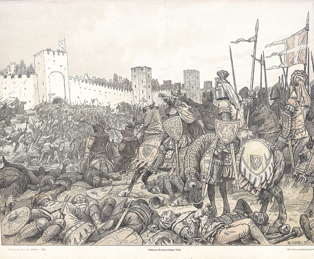 Valdemar Atterdag ottaa Visbyn, myöhempi kansallisromanttinen kuvitus (Rasmus Christiansen, ennen 1940). Muista: kaupunkia ei tuhottu 1361 — se antautui ja säästettiin; kuuluisa tarina kolmesta hopealla täytetystä tynnyristä on tarua.