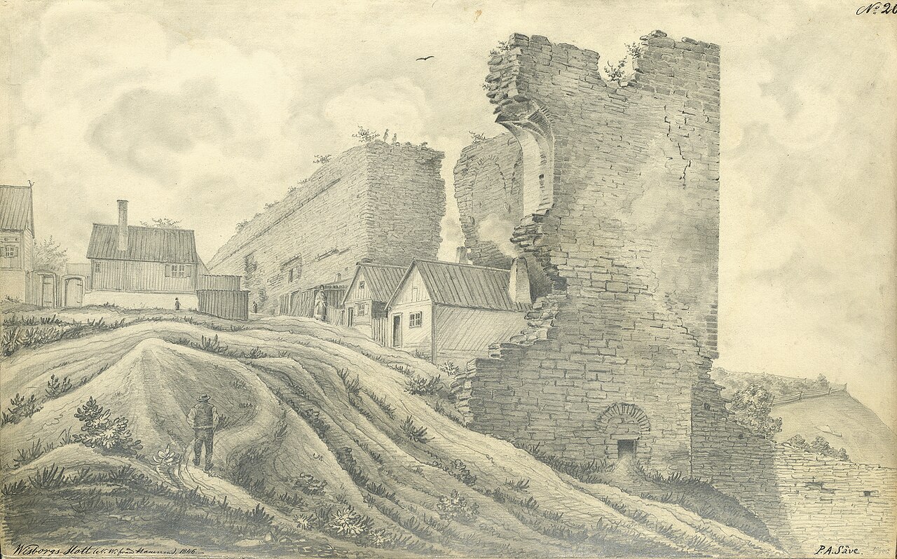 Visborgin rauniot Gotlannissa — linnoitus, josta syrjäytetty kuningas saalisti Itämerta vuosikymmenen (piirros: P. A. Säve, 1860-luku).