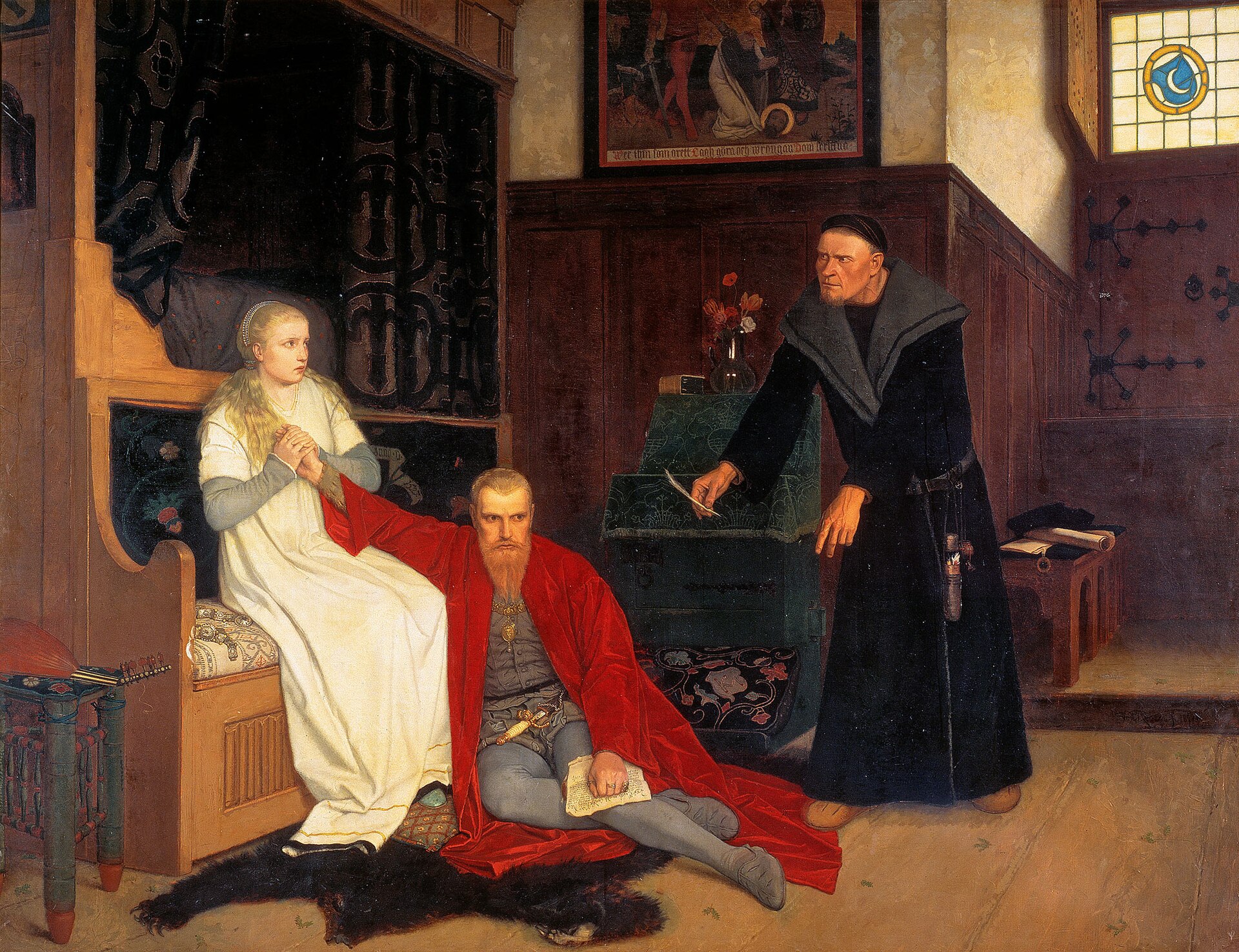 Georg von Rosen, Eerik XIV (1871). Nationalmuseum, Tukholma. Murtunut kuningas lattialla paperi kädessään, Kaarina Maununtytär vierellään, Göran Persson kynineen. Maalattu kolme vuosisataa hänen kuolemansa jälkeen — myös kuva Eerikistä on rakennettu jälkikäteen, aivan kuten keitto.