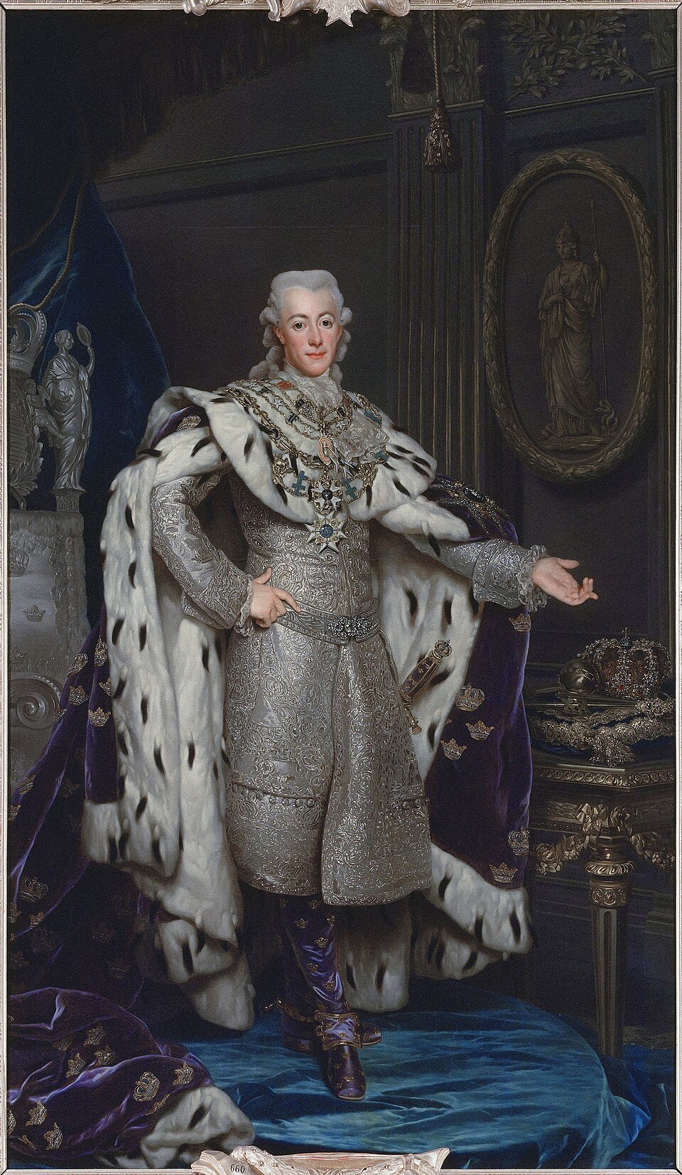 Kustaa III kruunajaispuvussaan (Alexander Roslin). Kuningas, joka rakasti näyttämöä, rakennutti itsensä yhdeksi.