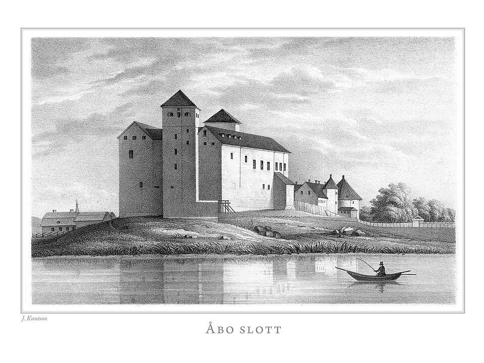 Turun linna, Juhanan herttuanistuin, Johan Knutsonin 1800-luvun piirroksessa. Hän muutti harmaan rajalinnoituksen renessanssihoviksi — linnan oman suuruudenajan.