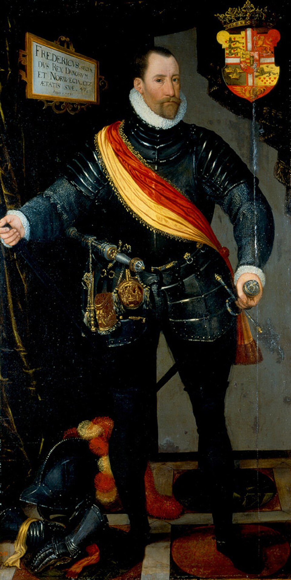 Frederik II, joka purki keskiaikaisen Krogenin ja pystytti Kronborgin sen tilalle (muotokuva, 1581).