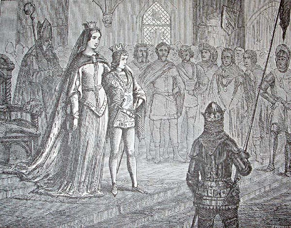 Margareeta nuoren Erik Pommerilaisen kanssa — perillinen, jonka hän loi ja kruunasi pitäen vallan omissa käsissään (H. P. Hansenin kaiverrus, 1884).