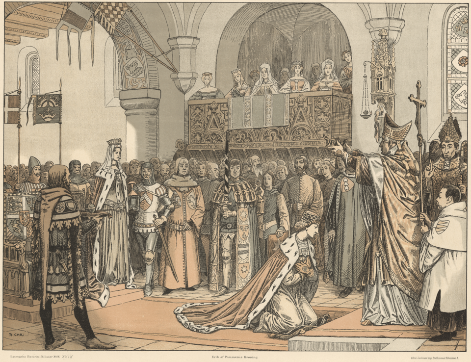 Erik Pommerilainen kruunattuna — kuten 1800-luvun taiteilija sen kuvitteli (Rasmus Christiansen, 1898); Kalmarin kruunauksesta ei ole säilynyt aikalaiskuvaa.