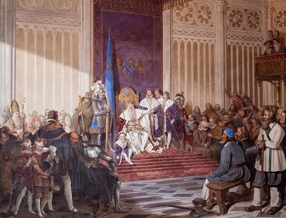 Jäähyväispuhe 1560, kuten Sandberg sen maalasi kolme vuosisataa myöhemmin. Kohtaus on todellinen; kaunopuheiset sanat säilyvät vain Kustaan itsensä tilaaman kronikan kautta.