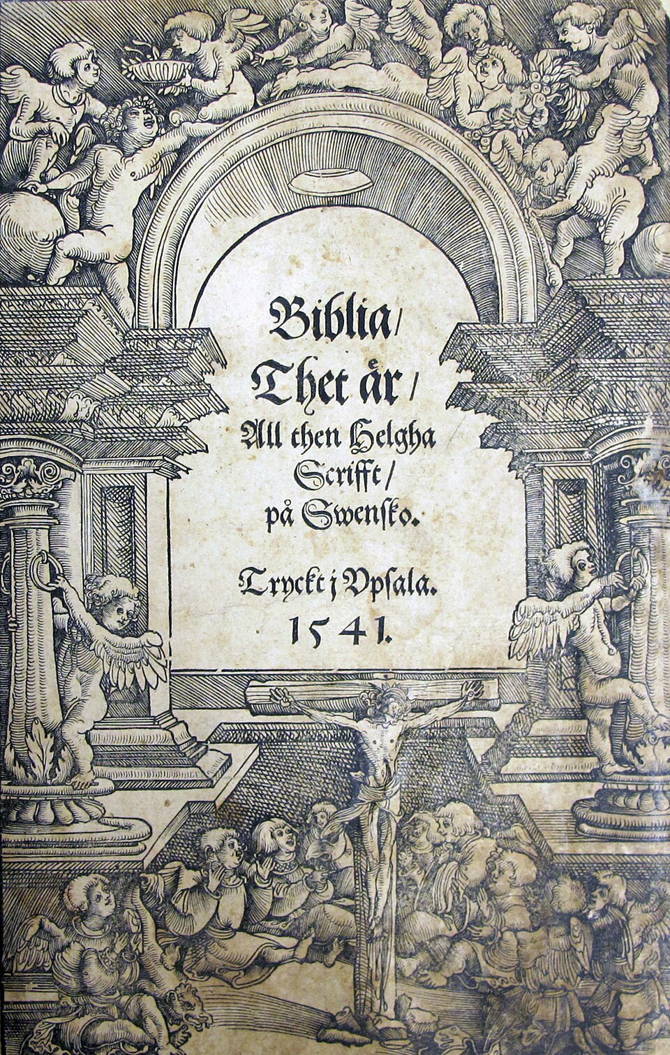 Kustaa Vaasan raamatun nimiösivu, 1541 — ensimmäinen kokonainen Raamattu ruotsiksi ja modernin kirjakielen peruskivi. Hän tilasi sen turvatakseen reformaation, jonka oli tehnyt hopean, ei kirjoituksen, vuoksi.