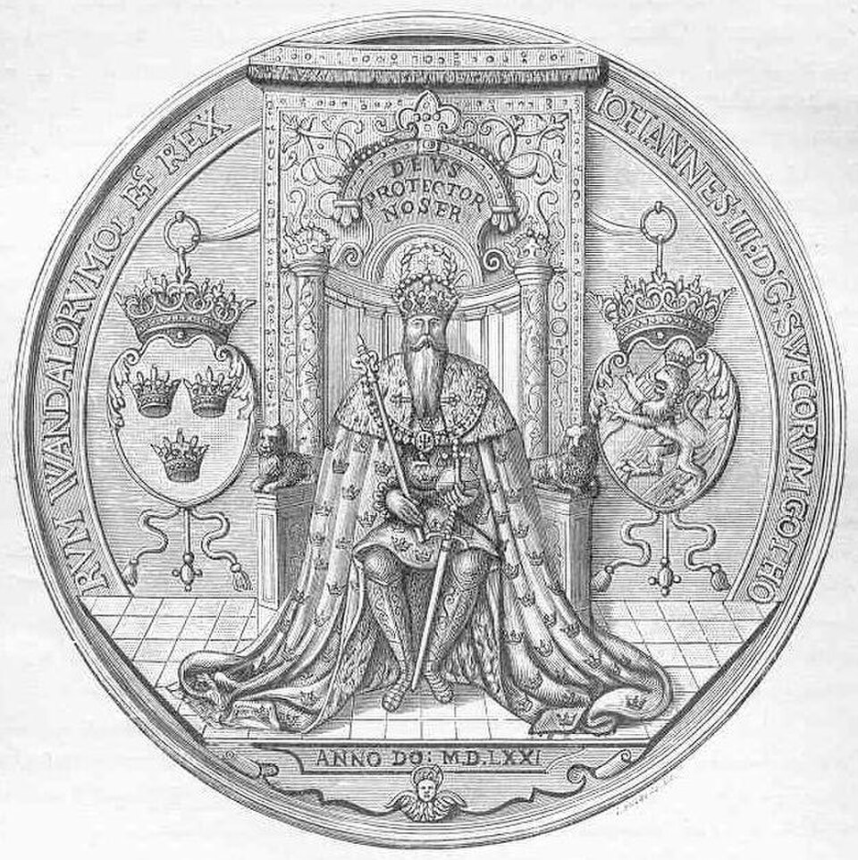 Juhana III:n kuninkaallinen sinetti. Vuonna 1563 tuomittu petturi oli kruunattu kuningas 1569 — vangittu kuninkaan leikkimisestä, sitten tehty sellaiseksi.