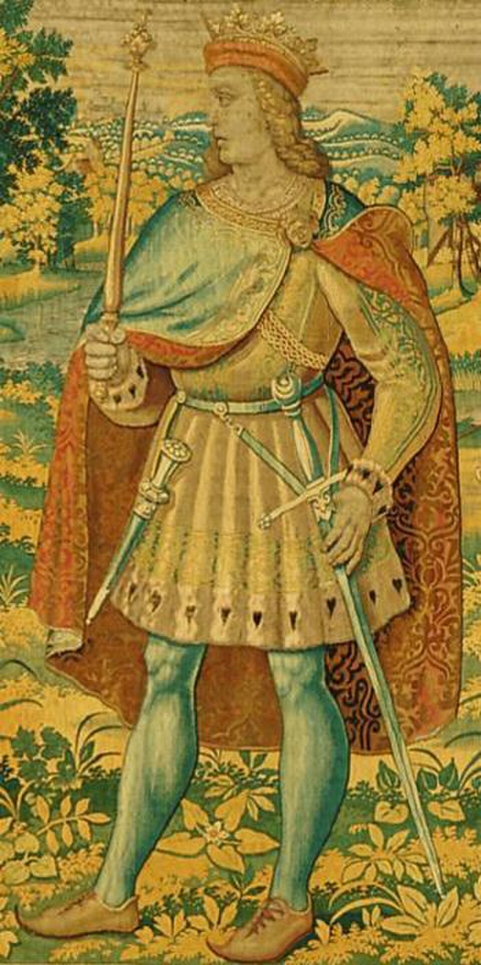 Olav, poikakuningas, jonka nimissä hän ensin piti Tanskaa ja Norjaa — kuollut kuusitoistavuotiaana (Kronborgin seinävaate, 1580-luku).