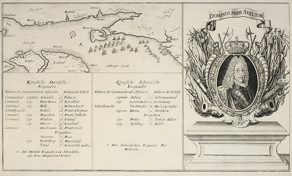 Kolberger Heiden meritaistelu 1644, aikalaispiirroksessa kartta ja kuninkaan muotokuva — tapahtuma legendan takana.